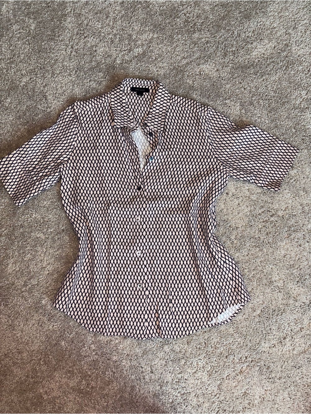 Marc Jacobs Fishnet Diamond Geometric Button Up Blouse Short Sleeve Cream Black